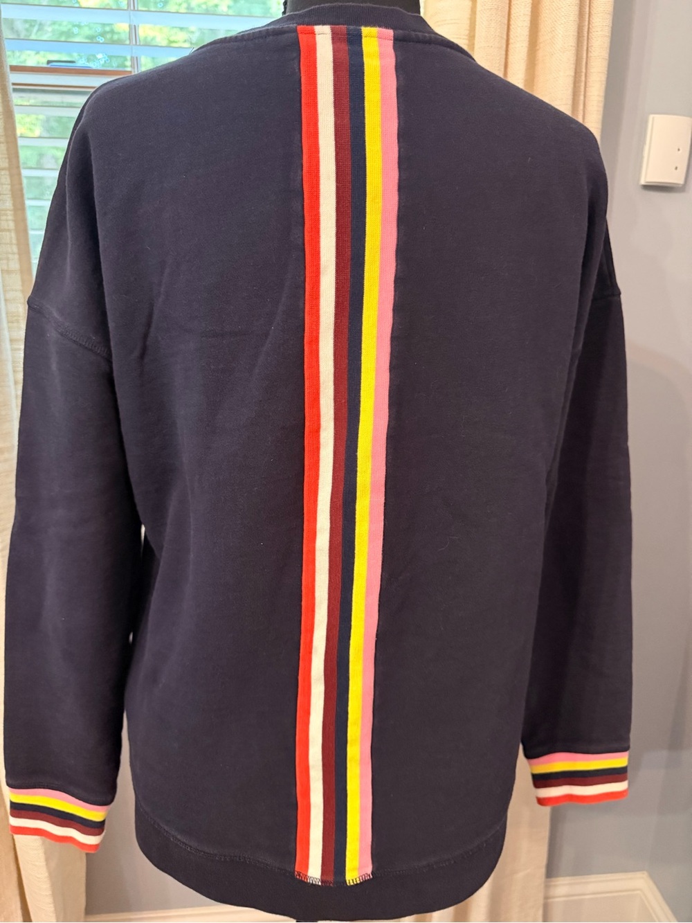 Boden navy crewneck sweatshirt rainbow strip back and cuffs size M